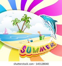 Summer beach with palm trees and dolphin