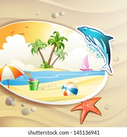 Summer beach with palm trees and dolphin