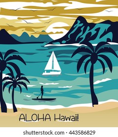 Summer beach with Palm trees Hawaii Card. Vector Holiday Summer background
