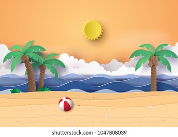  Summer beach and palm trees on the beach. Paper art and digital craft style.