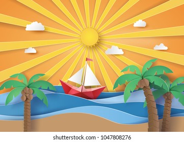 Summer beach and palm trees on the beach with  sailboat. Paper art and digital craft style.