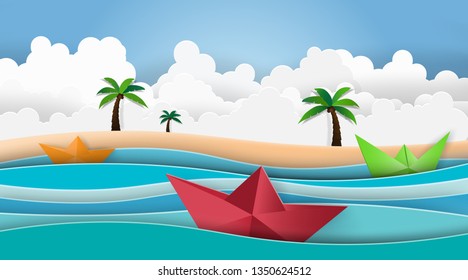 Summer beach palm trees on the beach with boat sailing in the sea.Paper art style.
