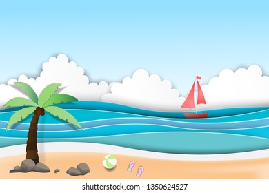 Summer beach palm trees on the beach with boat sailing in the sea.Paper art style.