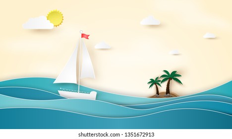 Summer beach palm trees on the beach with boat sailing in the sea.Paper art style.