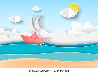 Summer beach palm trees on the beach with blue sky boat sailing in the sea.Paper art style.