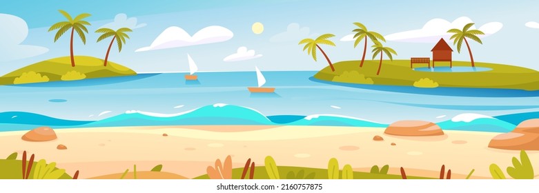 Summer beach with palm trees on the seashore. Beautiful seascape. Banner for summer holidays. The sea horizon with islands and boats. Cartoon vector illustration