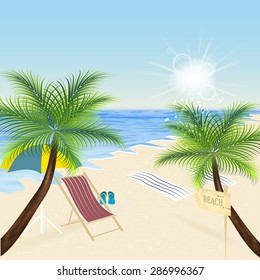 Summer beach with palm trees on the seaside. Vector illustration. 