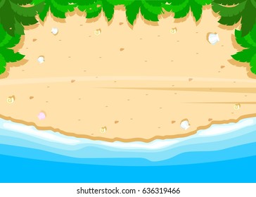 Summer beach and palm trees on the background of the sea and seashells. Vector illustration of Summer tropical banner