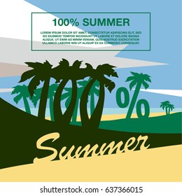 Summer beach with palm trees. One hundred percent banner text. Summer flat geometric landscape.