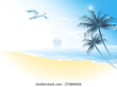 Summer beach with palm trees and seagull  vector illustration. Tropical landscape