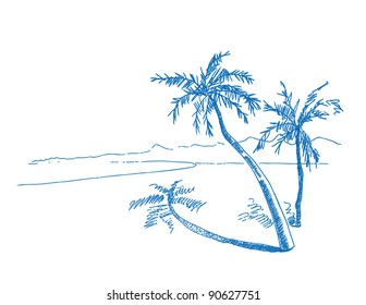 Summer beach with palm trees, seagulls ; hand drawn vector