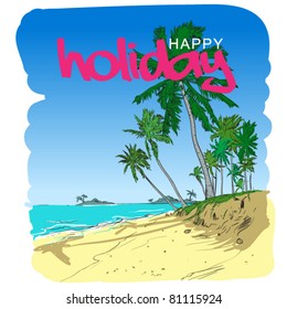 Summer beach with palm trees in  sketch-style. Vector illustration.