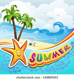 Summer beach with palm trees and starfish