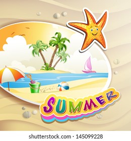 Summer beach with palm trees and starfish