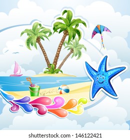Summer beach with palm trees and  starfish