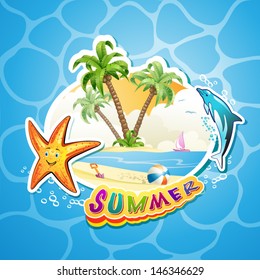 Summer beach with palm trees and starfish
