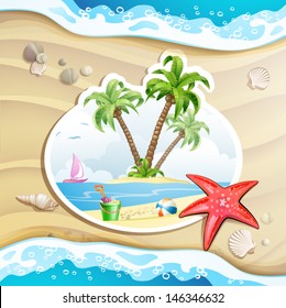 Summer beach with palm trees, starfish and sea waves