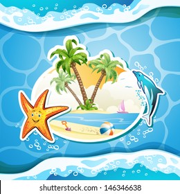 Summer beach with palm trees, starfish and sea waves