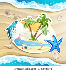Summer beach with palm trees, starfish and sea waves