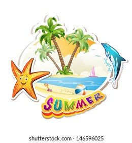 Summer beach with palm trees and starfish over white
