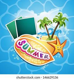 Summer beach with palm trees, starfish and photos