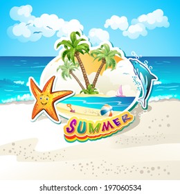 Summer beach with palm trees, starfish and sea waves