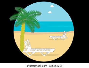 Summer beach with palm trees and sun loungers.