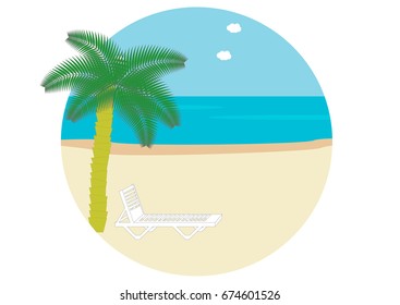 Summer beach with palm trees and sun loungers.