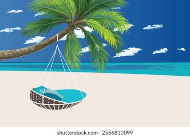 Summer beach and palm trees and beach swing bed vector