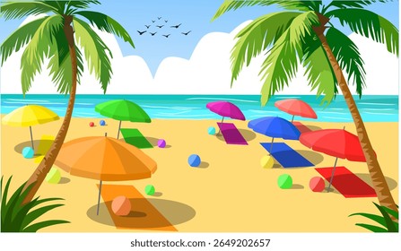 Summer Beach, Summer beach with palm trees and beach umbrellas. Summer Beach, Vector Design Illustration for Decoration, Banner and others.