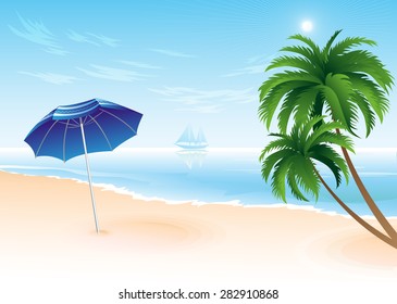 Summer beach with palm trees vector illustration