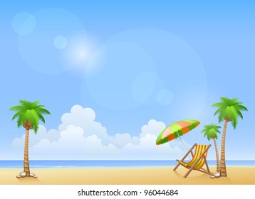 Summer beach with palms and chaise lounge. Vector background