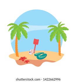summer beach with palms and flip flops scene