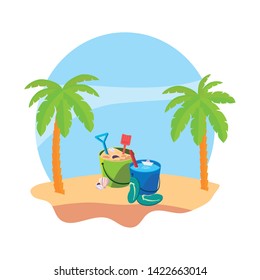 summer beach with palms and flip flops scene