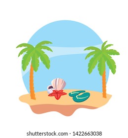 summer beach with palms and flip flops scene