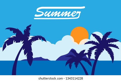 Summer Beach with palms Illustrated infont of island and the sun behide the cloud