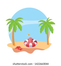 summer beach with palms and lifeguard float scene