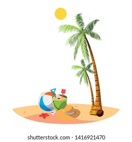 summer beach with palms and sand bucket scene