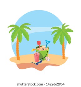 summer beach with palms and sand bucket toy scene