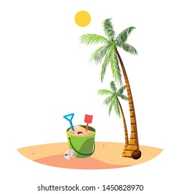 summer beach with palms and sand bucket scene