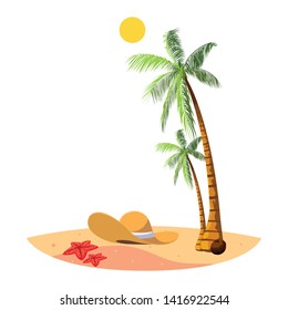 summer beach with palms and straw hat scene