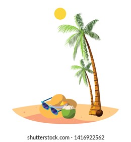 summer beach with palms and straw hat scene