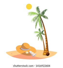summer beach with palms and straw hat scene