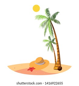summer beach with palms and straw hat scene