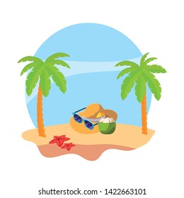 summer beach with palms and straw hat scene