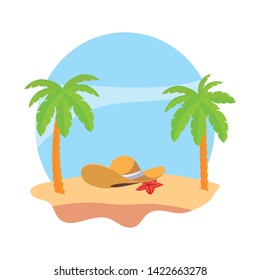 summer beach with palms and straw hat scene