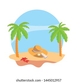 summer beach with palms and straw hat scene