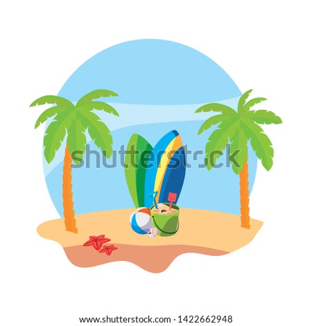 summer beach with palms and surfboards scene