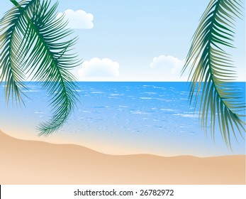 Summer beach with palms - vector illustration