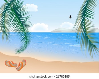 Summer beach with palms - vector illustration